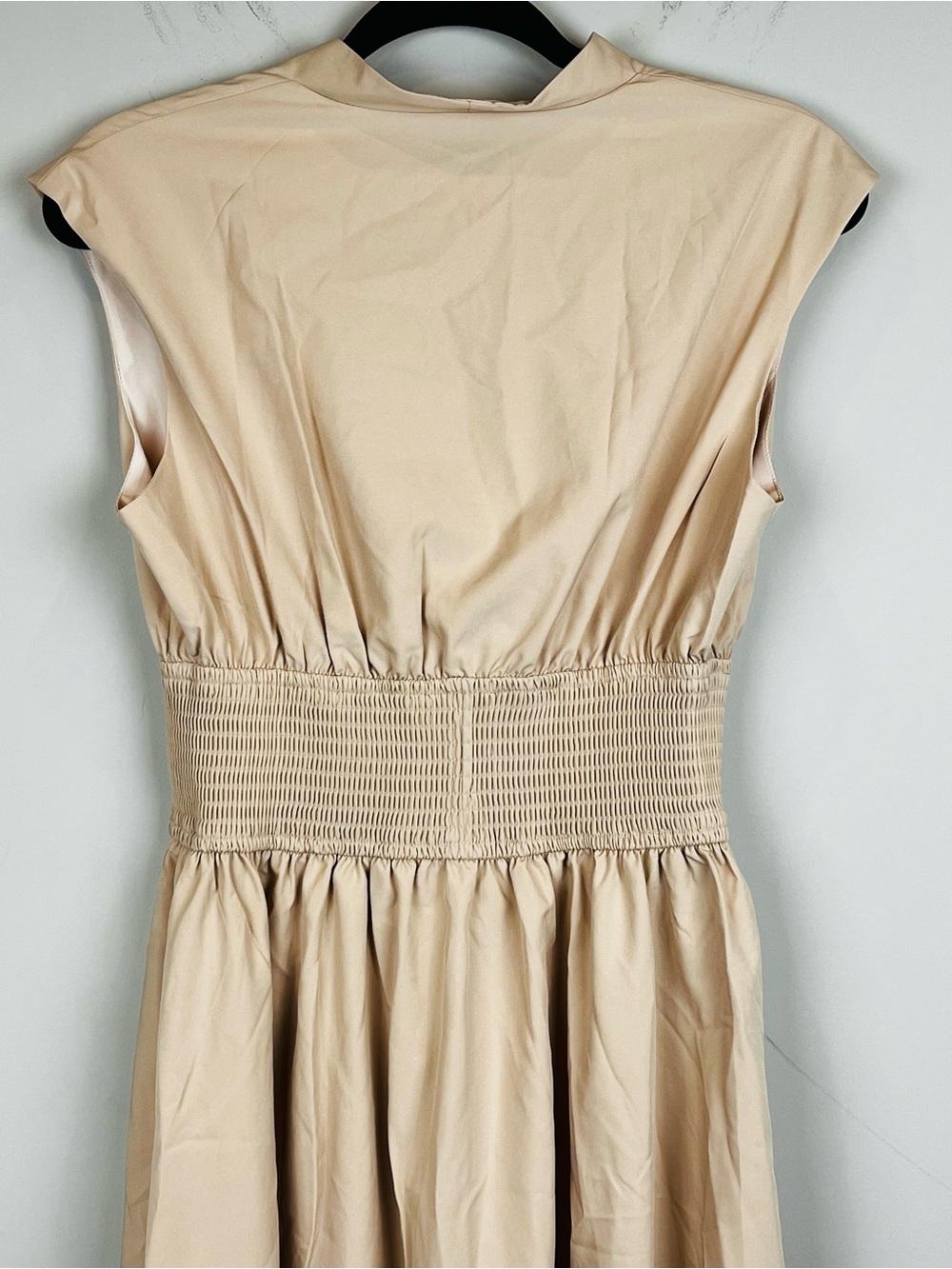 NWT Grace Karin Zipper Front Smocked Waist Cap Sleeve Midi Dress Tan Small - Picture 10 of 15